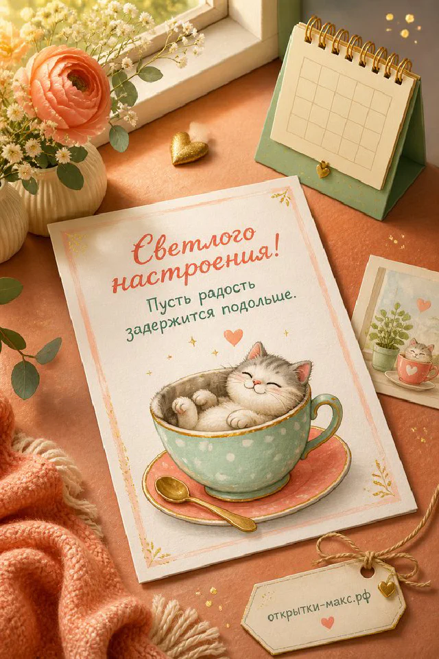 Ваза с жёлтыми осенними листьями, чашка кофе и плед у окна с надписью «Светлого настроения» — вариант 4