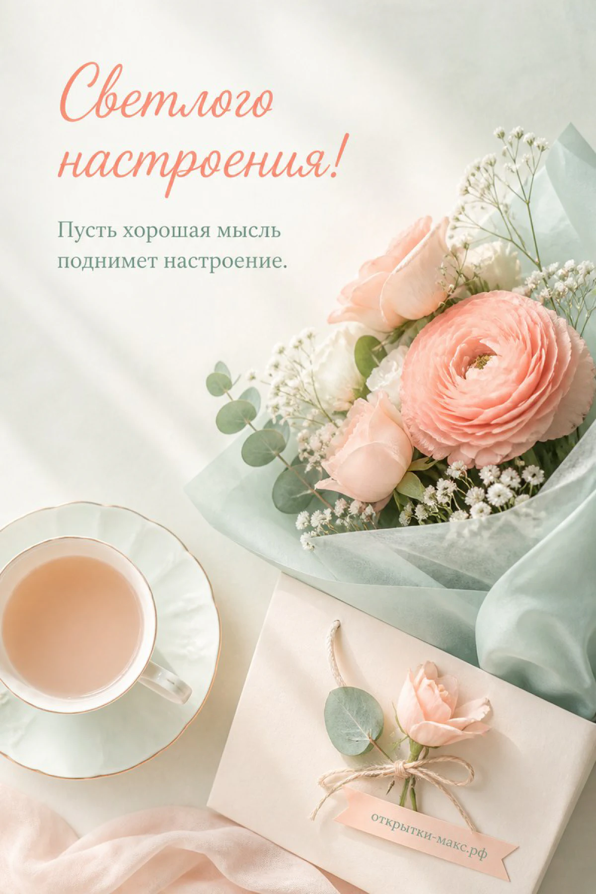 Букет персиковых пионов и белых цветов рядом с чашкой чая с надписью «Светлого настроения»