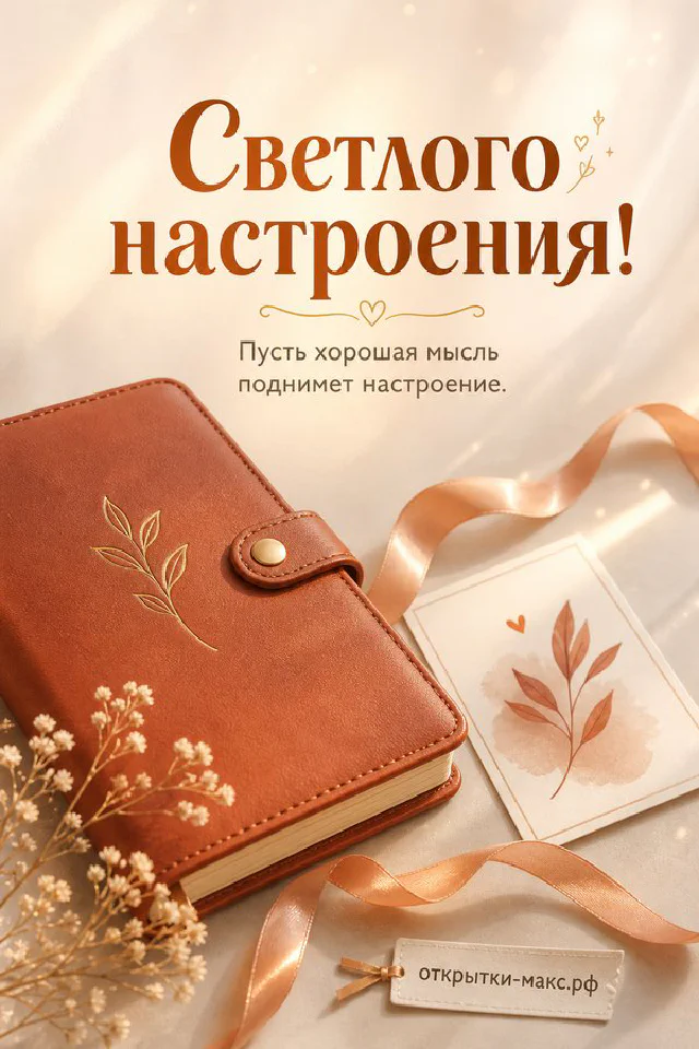 Букет персиковых пионов и белых цветов рядом с чашкой чая с надписью «Светлого настроения» — вариант 4