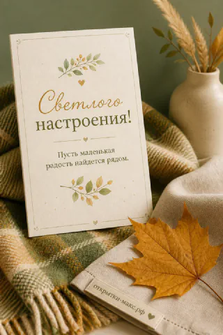 Открытка Светлого настроения на клетчатом пледе рядом с жёлтым кленовым листом и вазой с колосьями