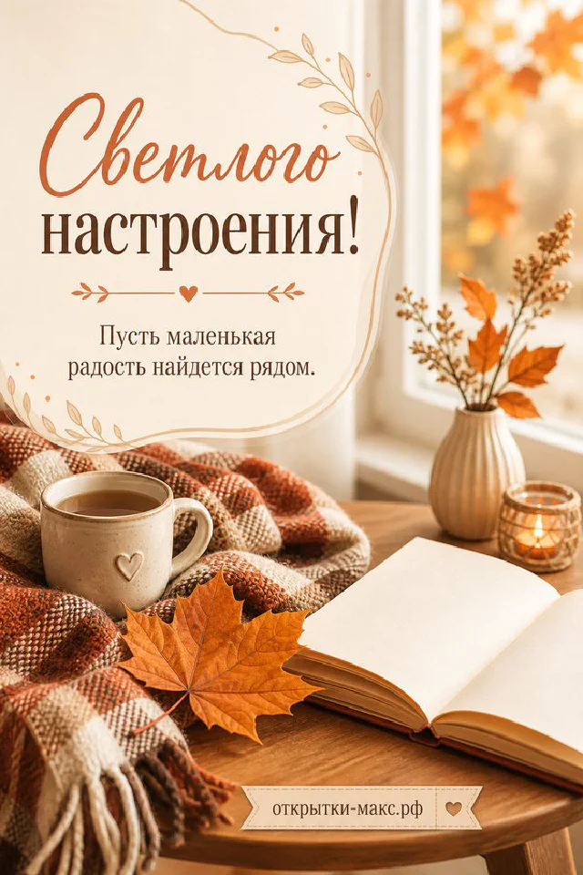 Открытка Светлого настроения на клетчатом пледе рядом с жёлтым кленовым листом и вазой с колосьями — вариант 3