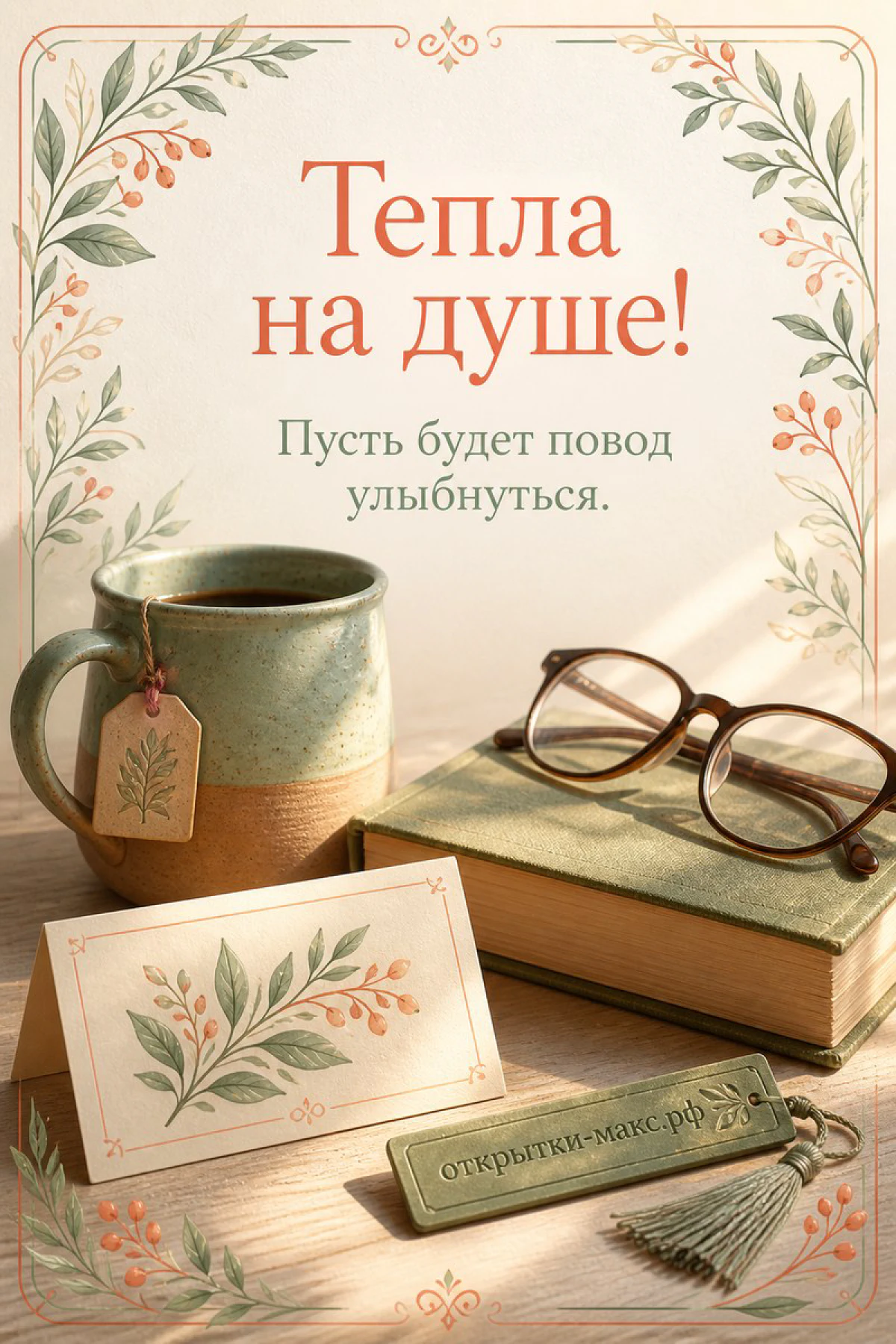 Керамическая кружка чая, раскрытая книга и очки с акварельными листочками на деревянном столе