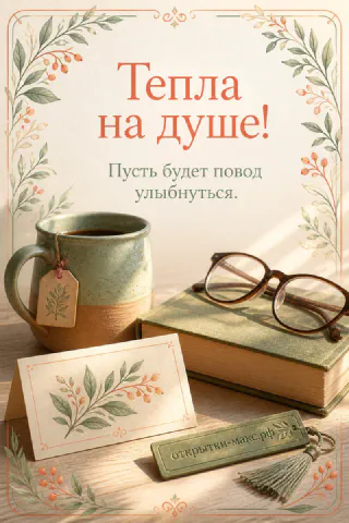 Керамическая кружка чая, раскрытая книга и очки с акварельными листочками на деревянном столе