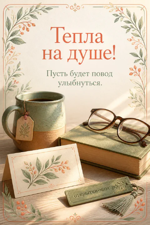 Керамическая кружка чая, раскрытая книга и очки с акварельными листочками на деревянном столе