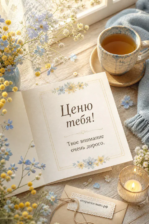 Раскрытая открытка с текстом «Ценю тебя» рядом с чашкой чая, свечой и полевыми цветами