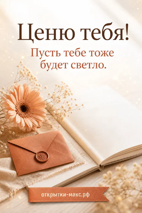 Открытка с персиковой герберой, крафтовым конвертом с печатью и надписью «Ценю тебя»