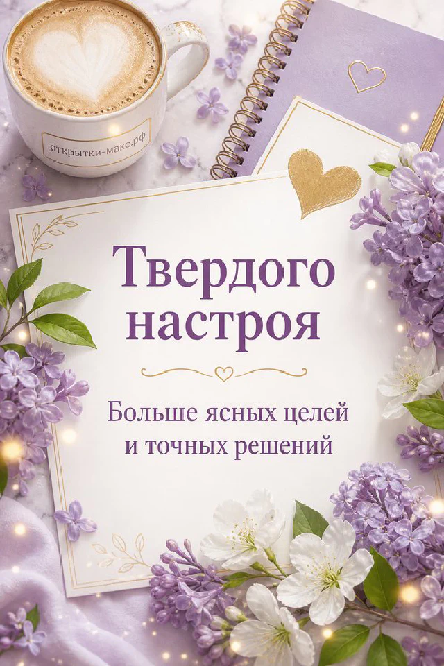Открытка «Твёрдого настроя» с золотым компасом на карте, блокнотом и розовыми цветами — вариант 3