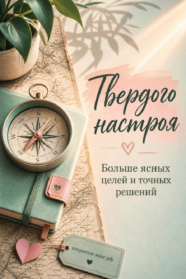 Открытка «Твёрдого настроя» с золотым компасом на карте, блокнотом и розовыми цветами — вариант 4