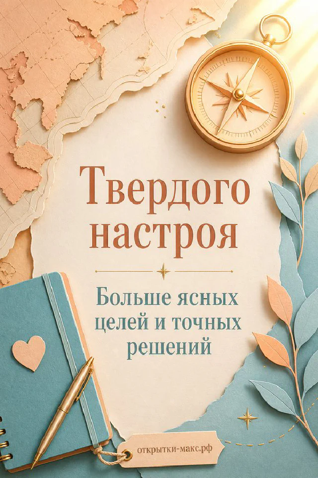 Открытка «Твёрдого настроя» с золотым компасом на карте, блокнотом и розовыми цветами — вариант 5