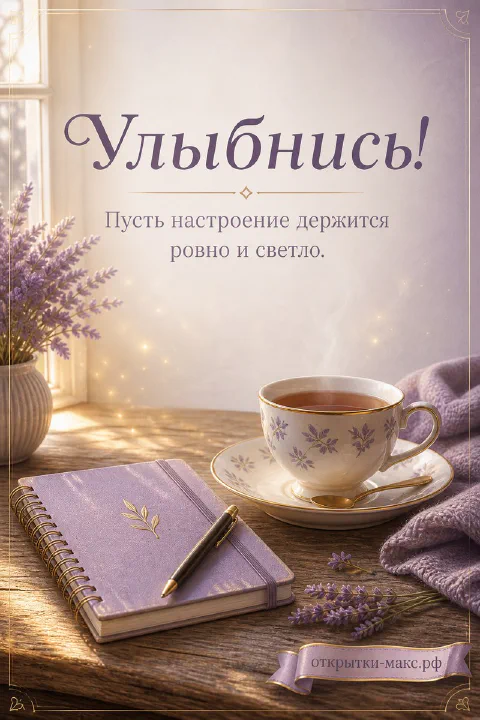 Чашка чая с лавандой, ежедневник с ручкой и вязаный плед у светлого окна с надписью «Улыбнись»
