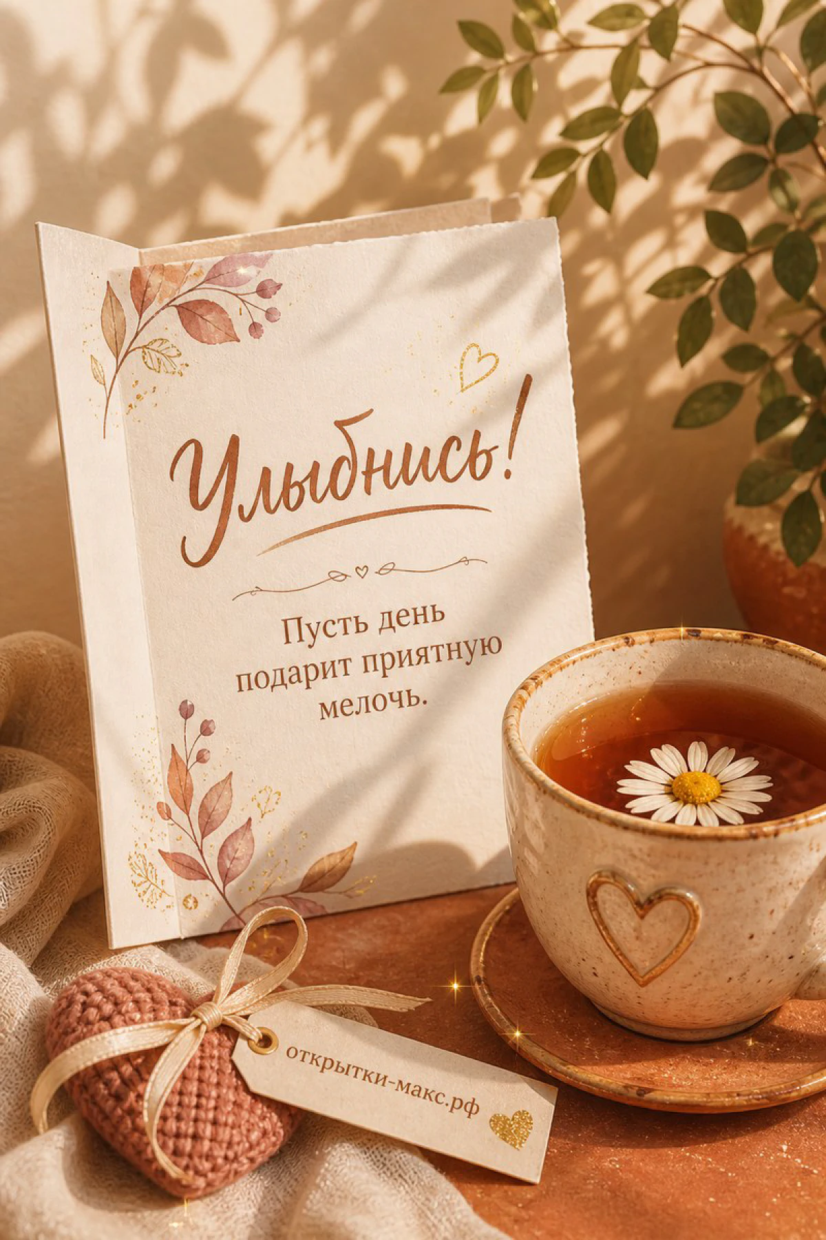 Открытка «Улыбнись» рядом с чашкой чая с ромашкой и вязаным сердечком на терракотовом столе