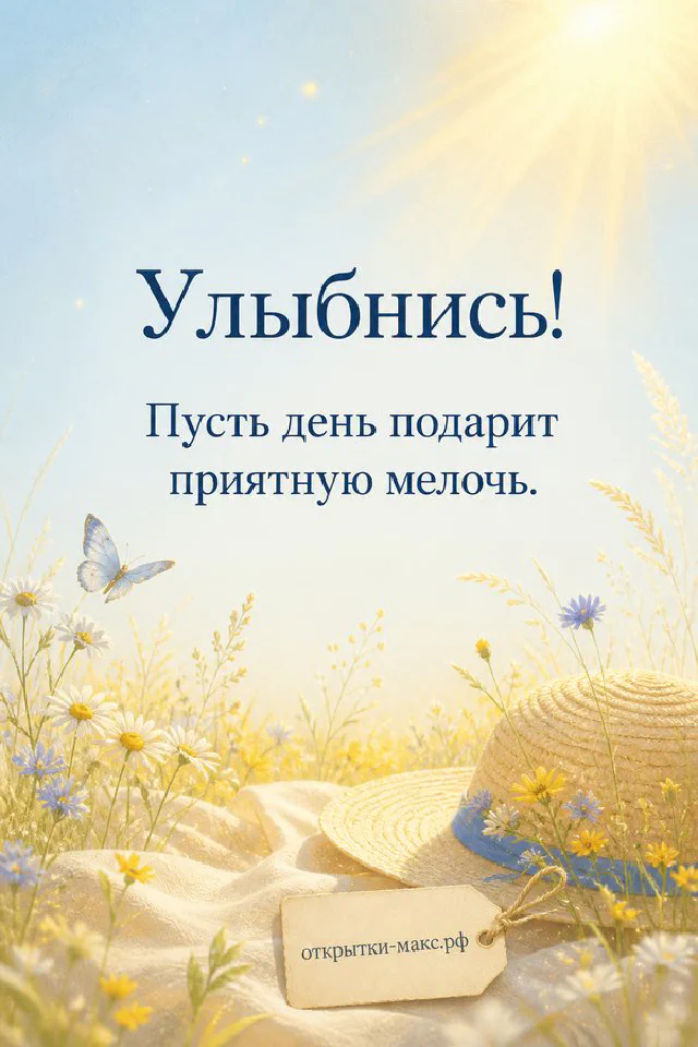Открытка «Улыбнись» рядом с чашкой чая с ромашкой и вязаным сердечком на терракотовом столе — вариант 2