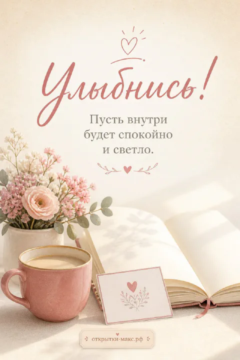 Открытка «Улыбнись!» — розовая кружка кофе, букет розовых цветов и раскрытая книга на светлом столе