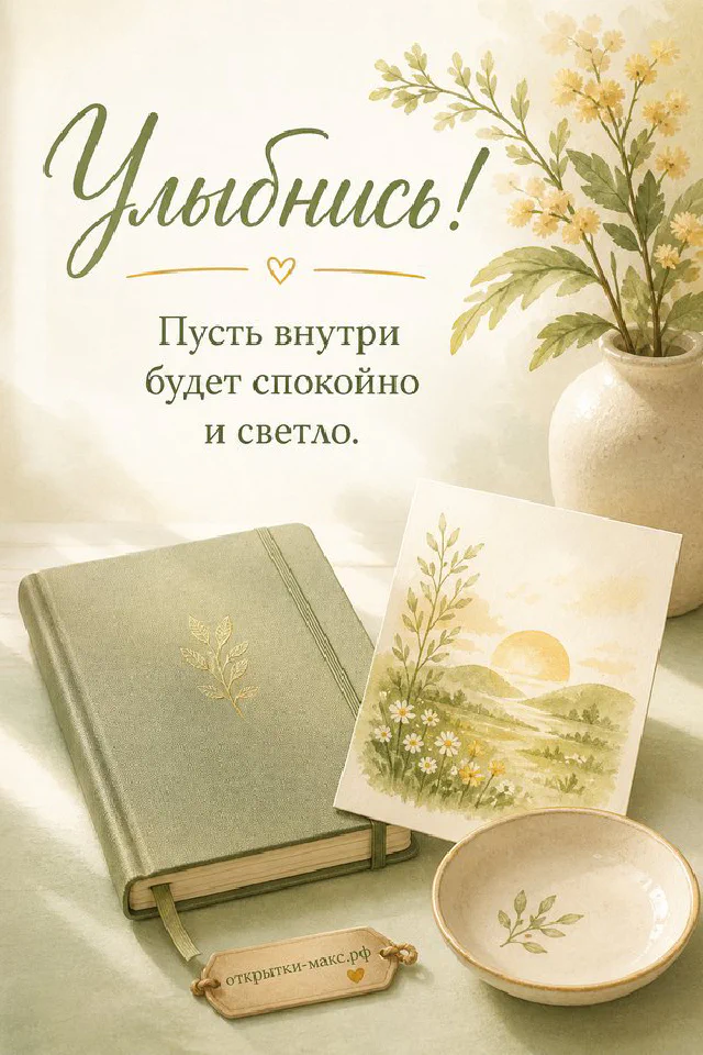 Открытка «Улыбнись!» — розовая кружка кофе, букет розовых цветов и раскрытая книга на светлом столе — вариант 3