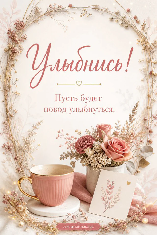 Открытка «Улыбнись» с коричневой лентой и сухоцветами на деревянном столе в огнях боке — вариант 2