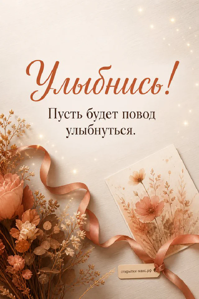 Открытка «Улыбнись» с коричневой лентой и сухоцветами на деревянном столе в огнях боке — вариант 3