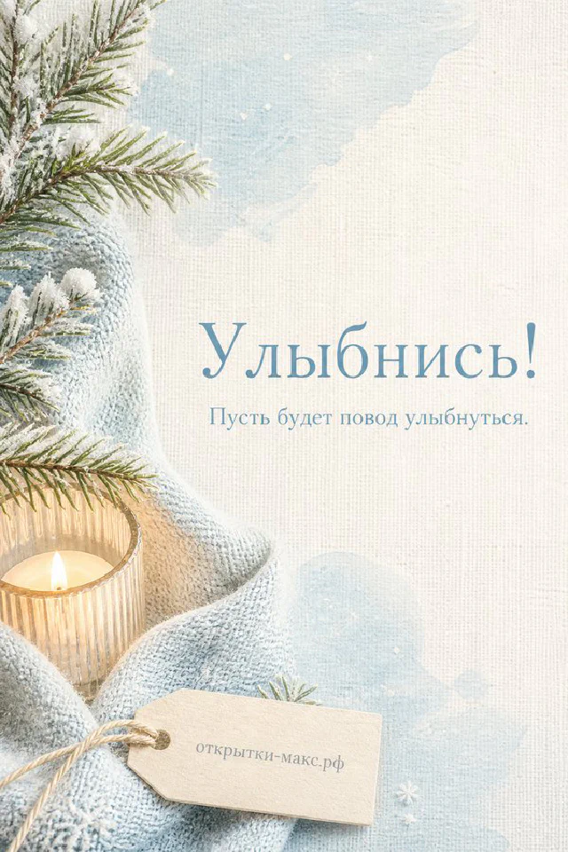 Открытка «Улыбнись» с коричневой лентой и сухоцветами на деревянном столе в огнях боке — вариант 4