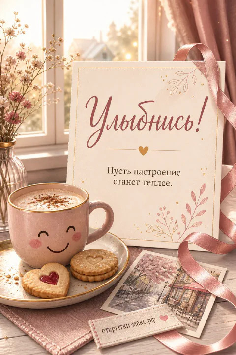 Розовая кружка капучино с нарисованной улыбкой и печеньем-сердечком рядом с открыткой «Улыбнись»