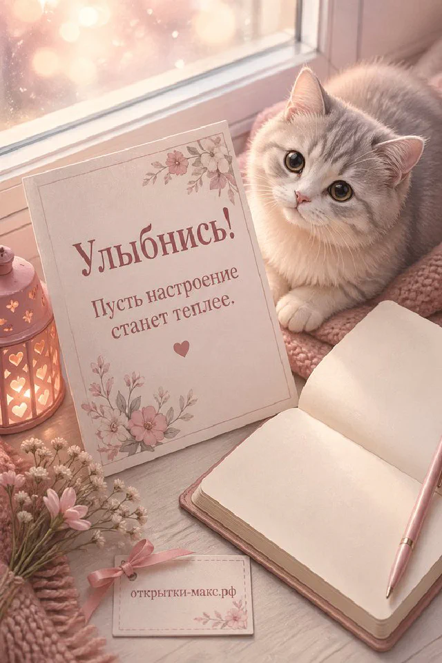 Розовая кружка капучино с нарисованной улыбкой и печеньем-сердечком рядом с открыткой «Улыбнись» — вариант 2