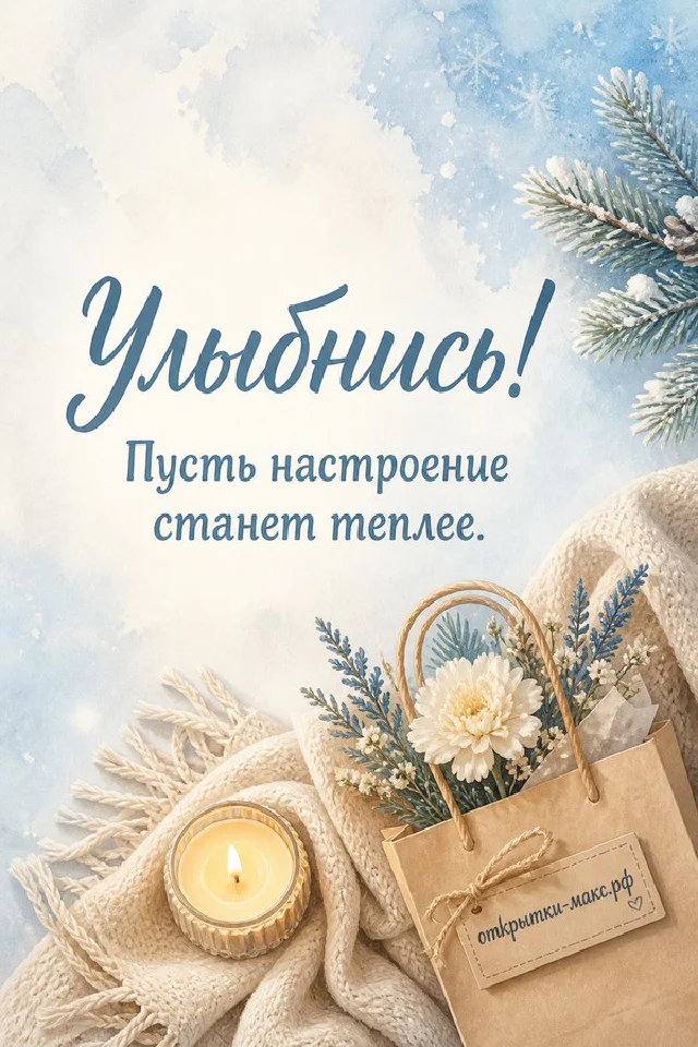 Розовая кружка капучино с нарисованной улыбкой и печеньем-сердечком рядом с открыткой «Улыбнись» — вариант 3