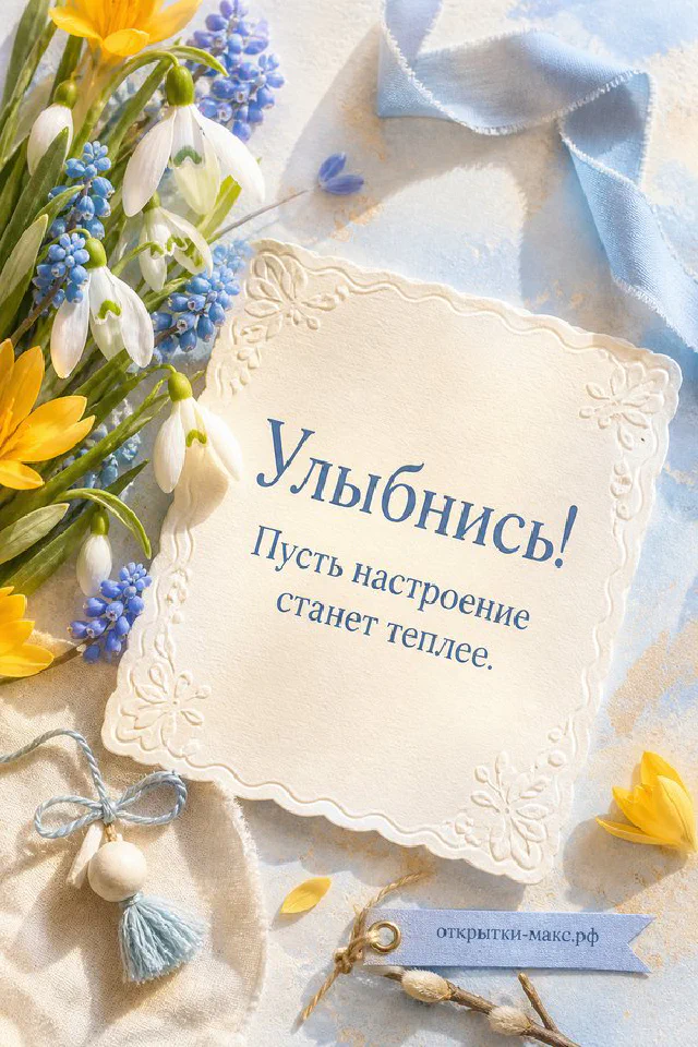 Розовая кружка капучино с нарисованной улыбкой и печеньем-сердечком рядом с открыткой «Улыбнись» — вариант 5