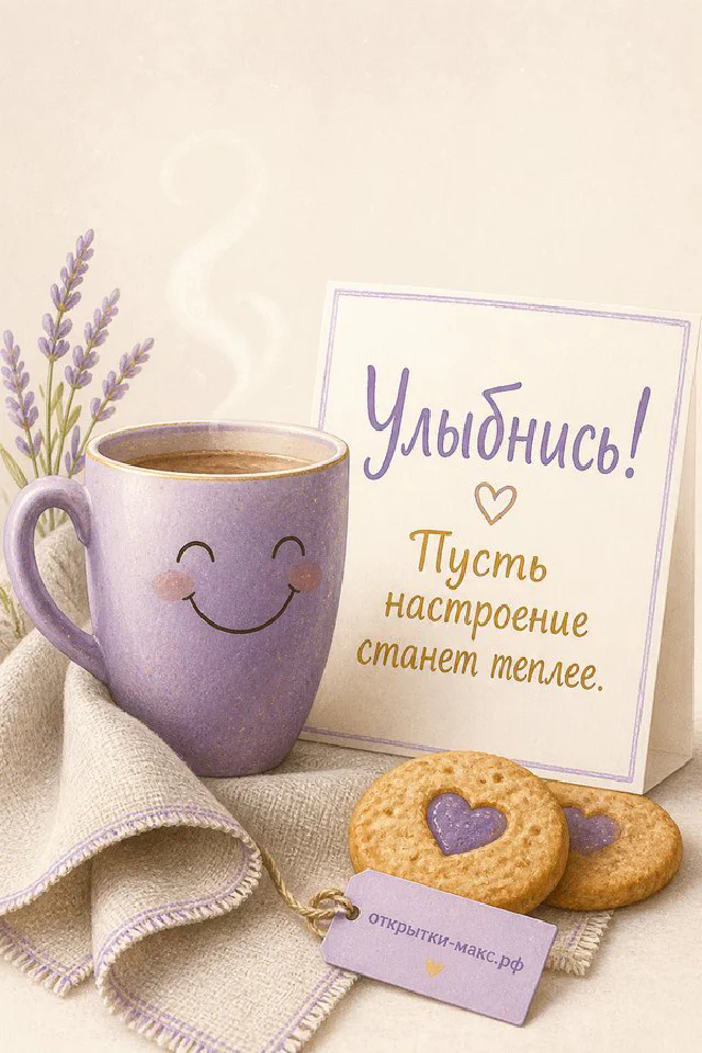 Розовая кружка капучино с нарисованной улыбкой и печеньем-сердечком рядом с открыткой «Улыбнись» — вариант 6