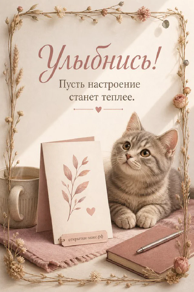 Розовая кружка капучино с нарисованной улыбкой и печеньем-сердечком рядом с открыткой «Улыбнись» — вариант 7