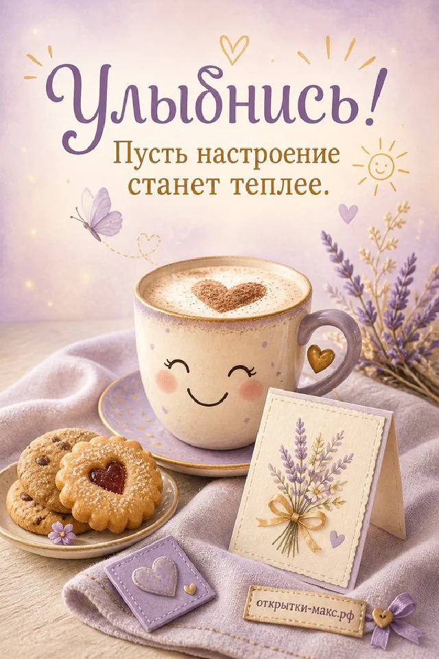 Розовая кружка капучино с нарисованной улыбкой и печеньем-сердечком рядом с открыткой «Улыбнись» — вариант 8