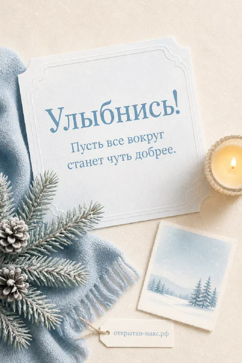Голубая открытка «Улыбнись» со свечой, еловыми ветками и шишками на светлом зимнем фоне