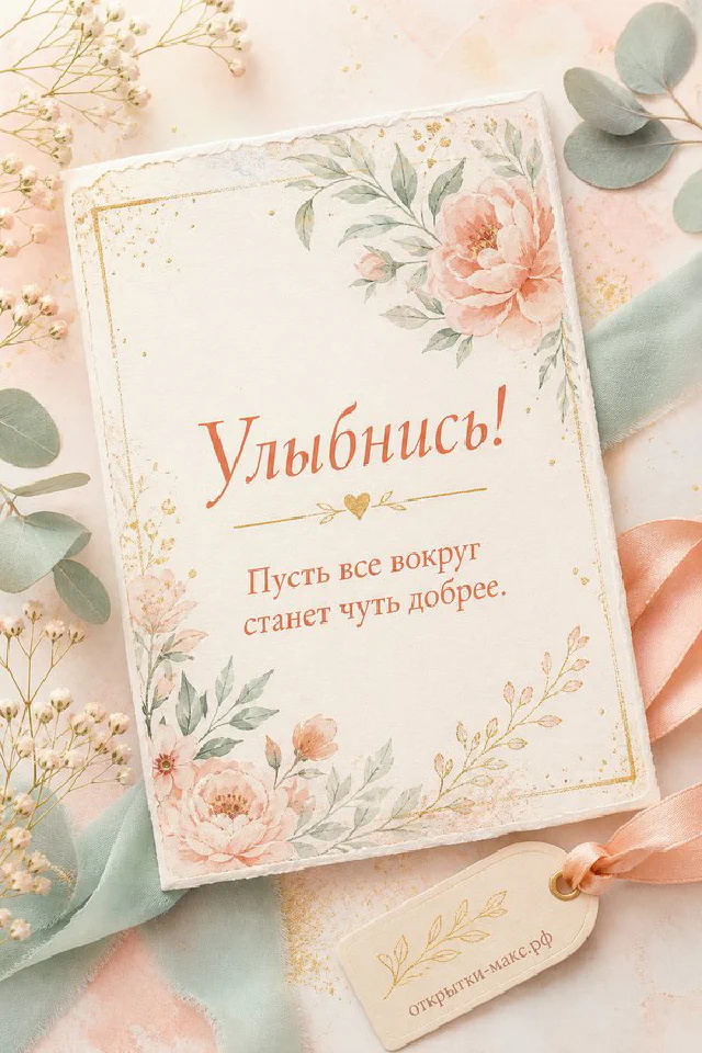 Голубая открытка «Улыбнись» со свечой, еловыми ветками и шишками на светлом зимнем фоне — вариант 2