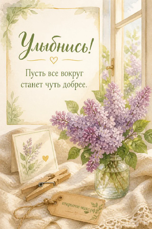 Голубая открытка «Улыбнись» со свечой, еловыми ветками и шишками на светлом зимнем фоне — вариант 4
