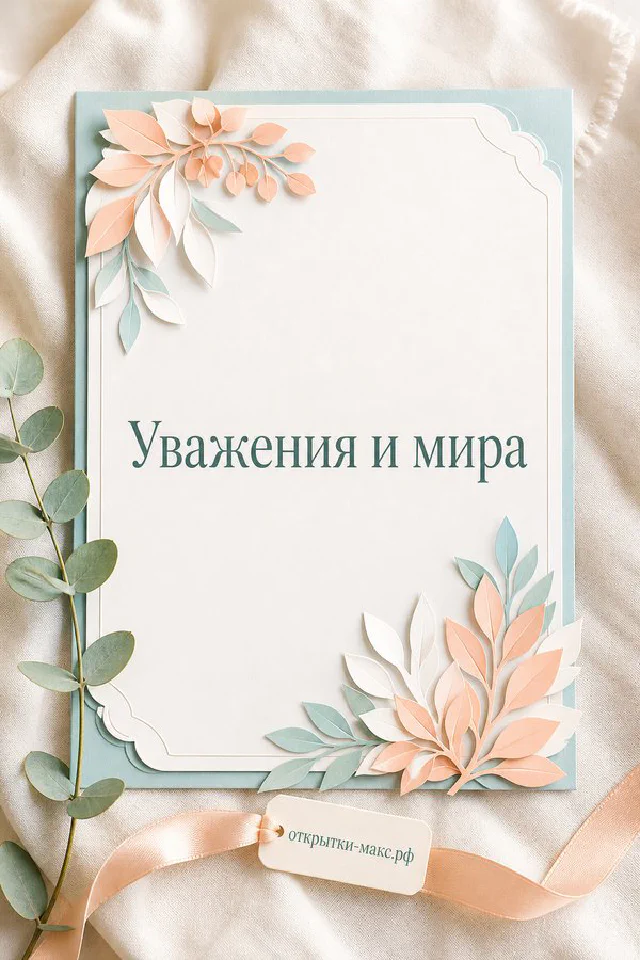Открытка с бумажными персиковыми цветами и надписью «Уважения и мира» на кремовом фоне — вариант 2
