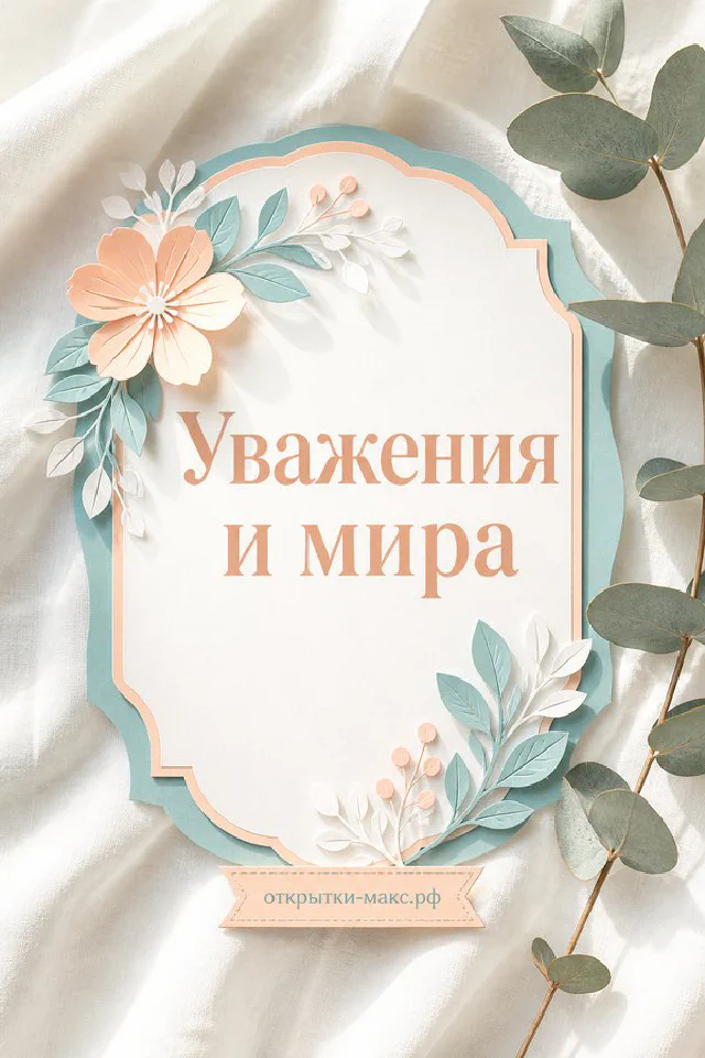 Открытка с бумажными персиковыми цветами и надписью «Уважения и мира» на кремовом фоне — вариант 3