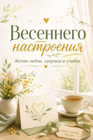 Ваза с белыми тюльпанами и мимозой, чашка чая с блюдцем и открытка с сердечком из листьев на деревянном столе