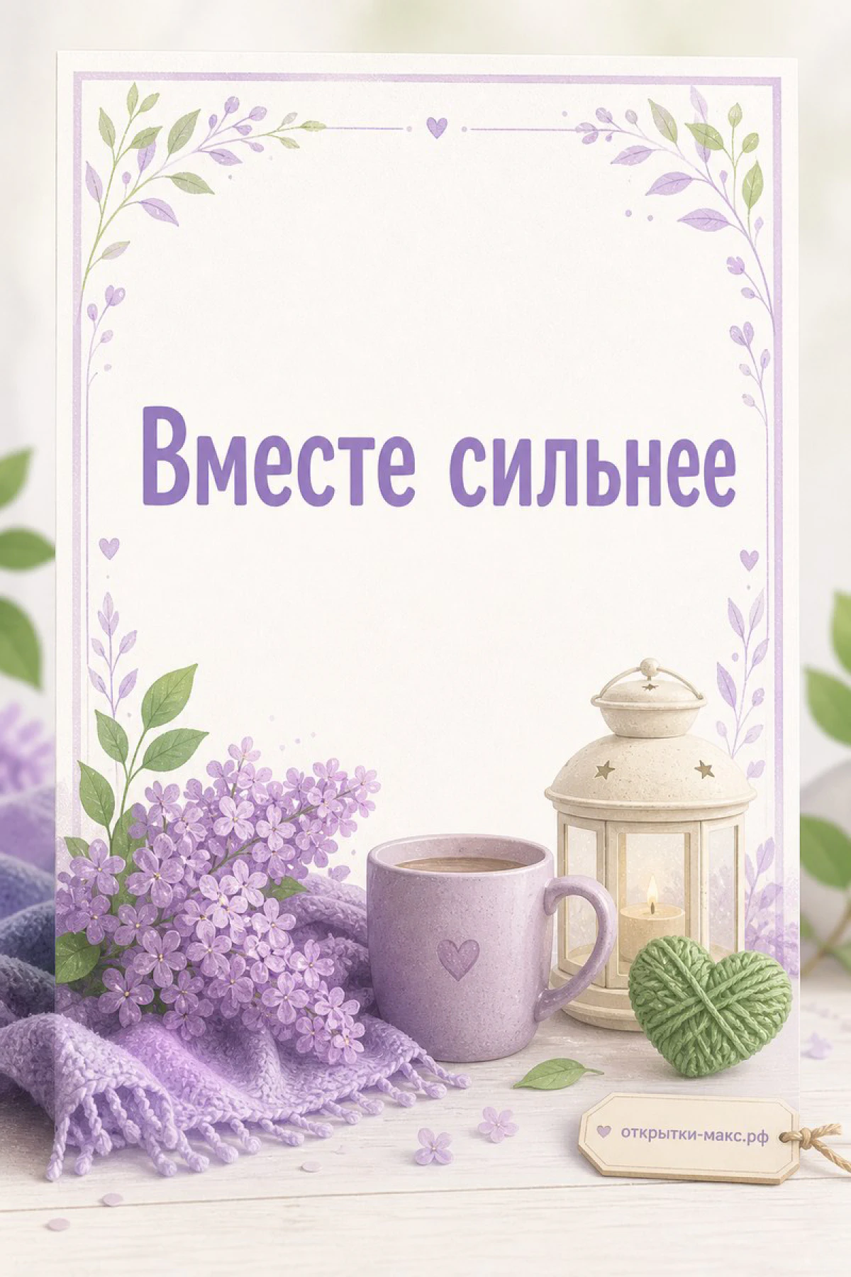 Фиолетовая кружка кофе, букет сирени, белый фонарь и вязаное сердечко на пледе в лавандовой рамке