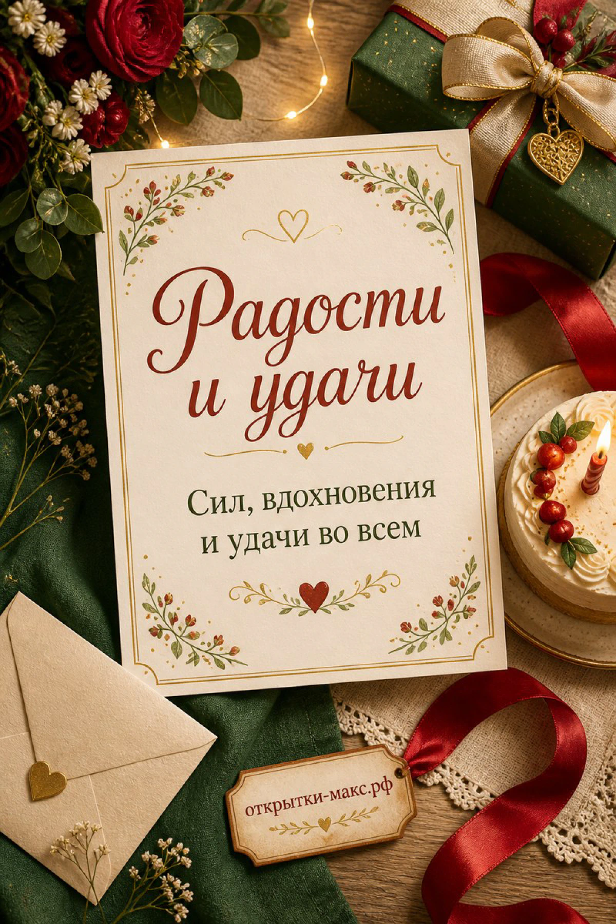 Воздушная композиция с доброй улыбкой на бумажной карточке