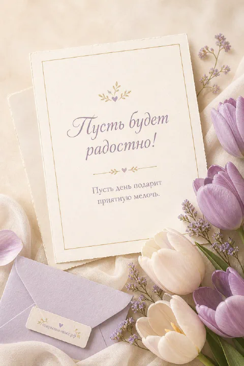 Воздушная композиция с доброй улыбкой на бумажной карточке