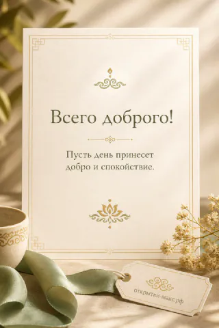 Открытка «Всего доброго!» с золотым орнаментом в рамке, рядом чашка чая и сухоцветы на светло-бежевом фоне