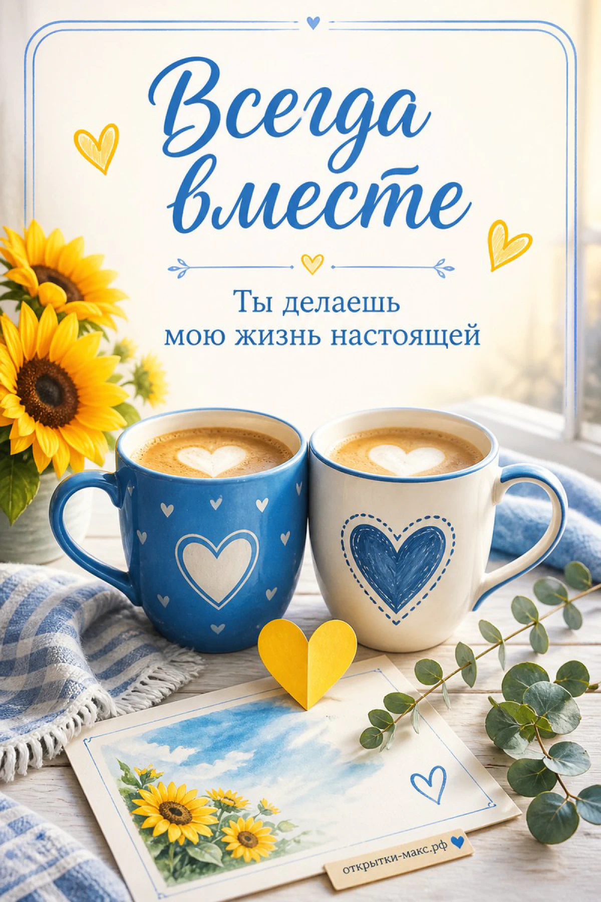 Яркая чашка, маленький букет и открытка на светлом фоне