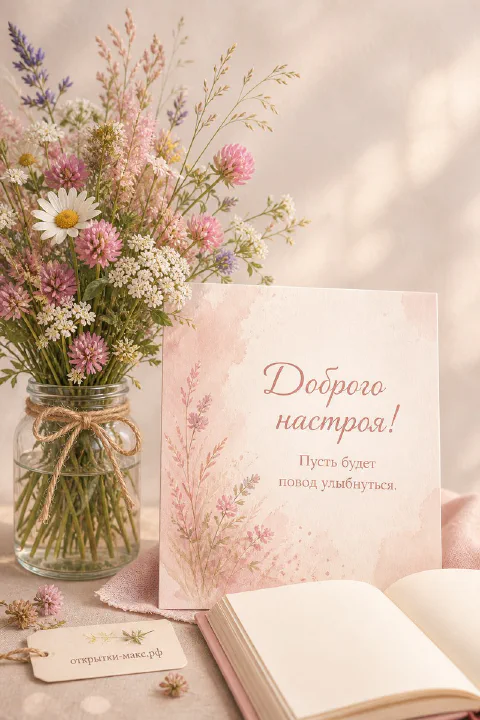 Яркая чашка, маленький букет и открытка на светлом фоне