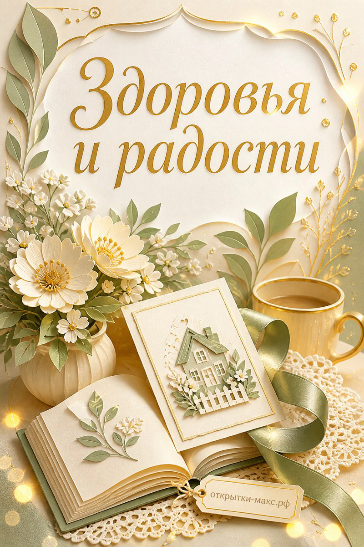 Яркая чашка, маленький букет и открытка на светлом фоне