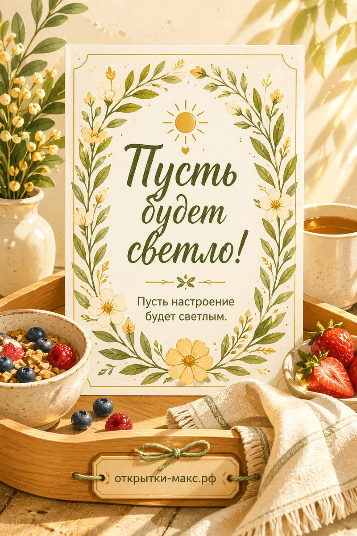 Яркая чашка, маленький букет и открытка на светлом фоне