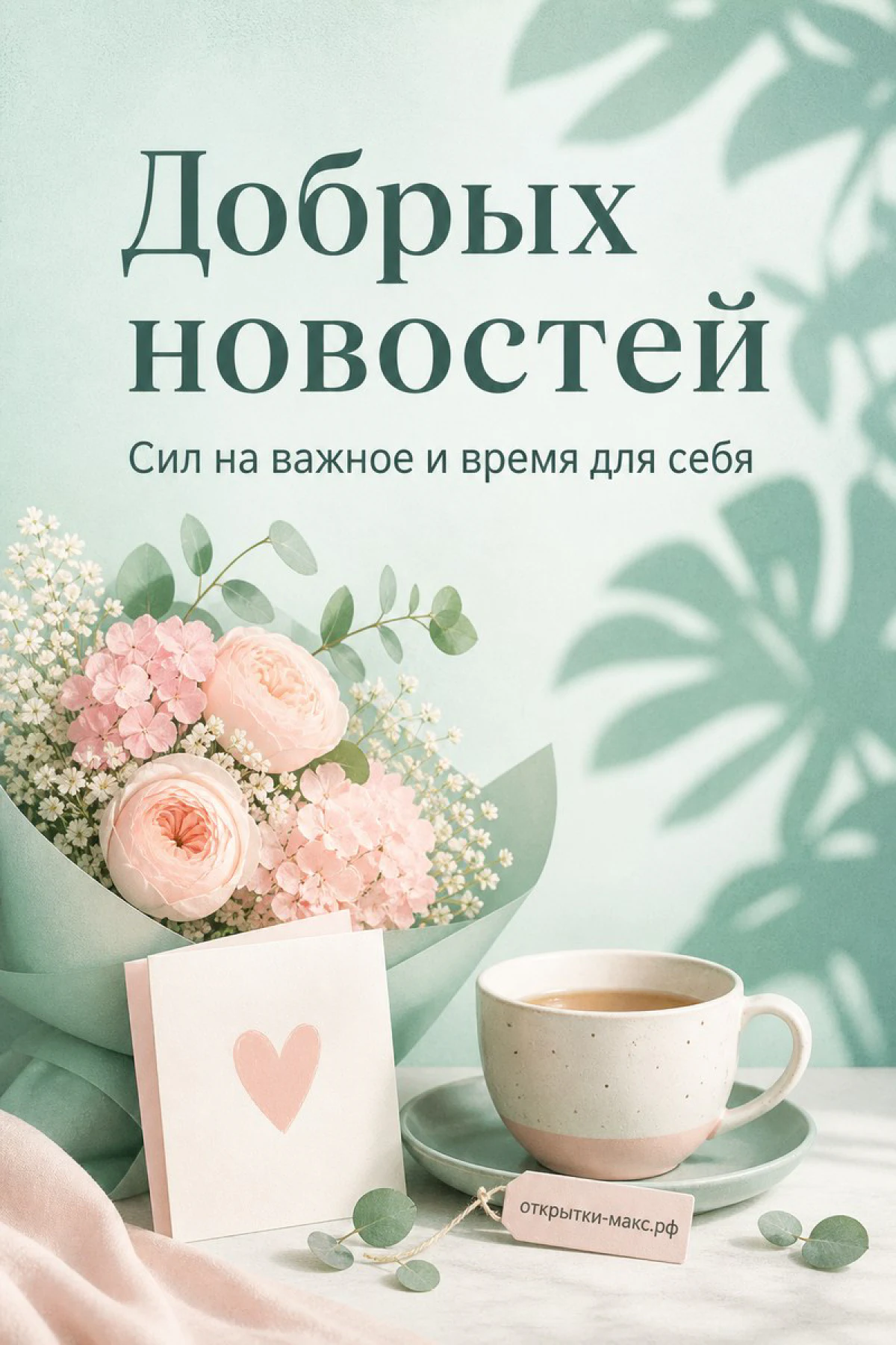 Яркая чашка, маленький букет и открытка на светлом фоне