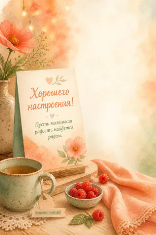 Яркая чашка, маленький букет и открытка на светлом фоне