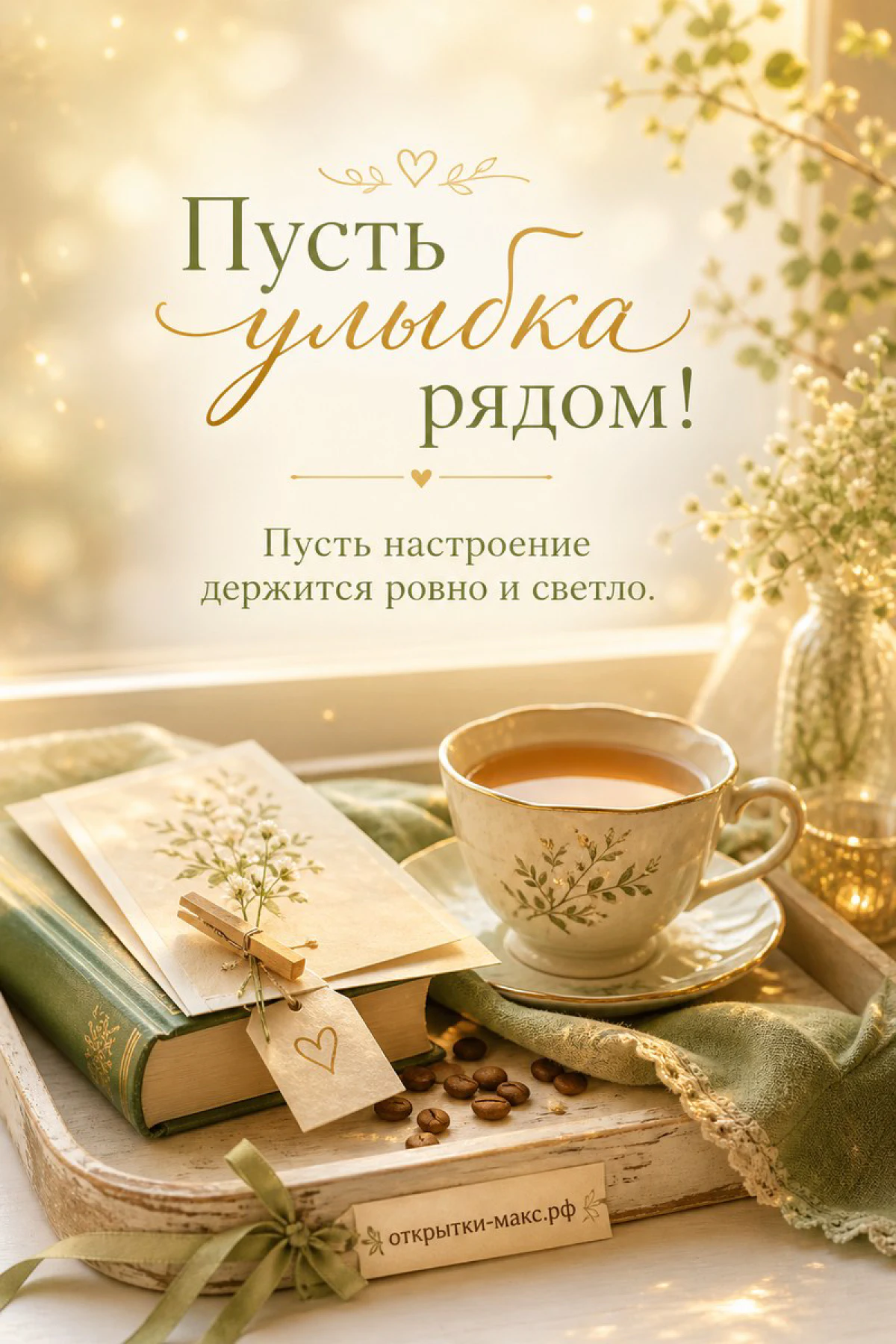 Яркая чашка, маленький букет и открытка на светлом фоне