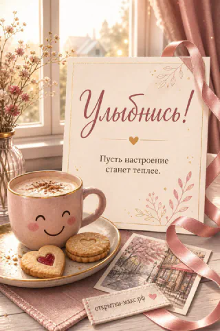 Яркая чашка, маленький букет и открытка на светлом фоне