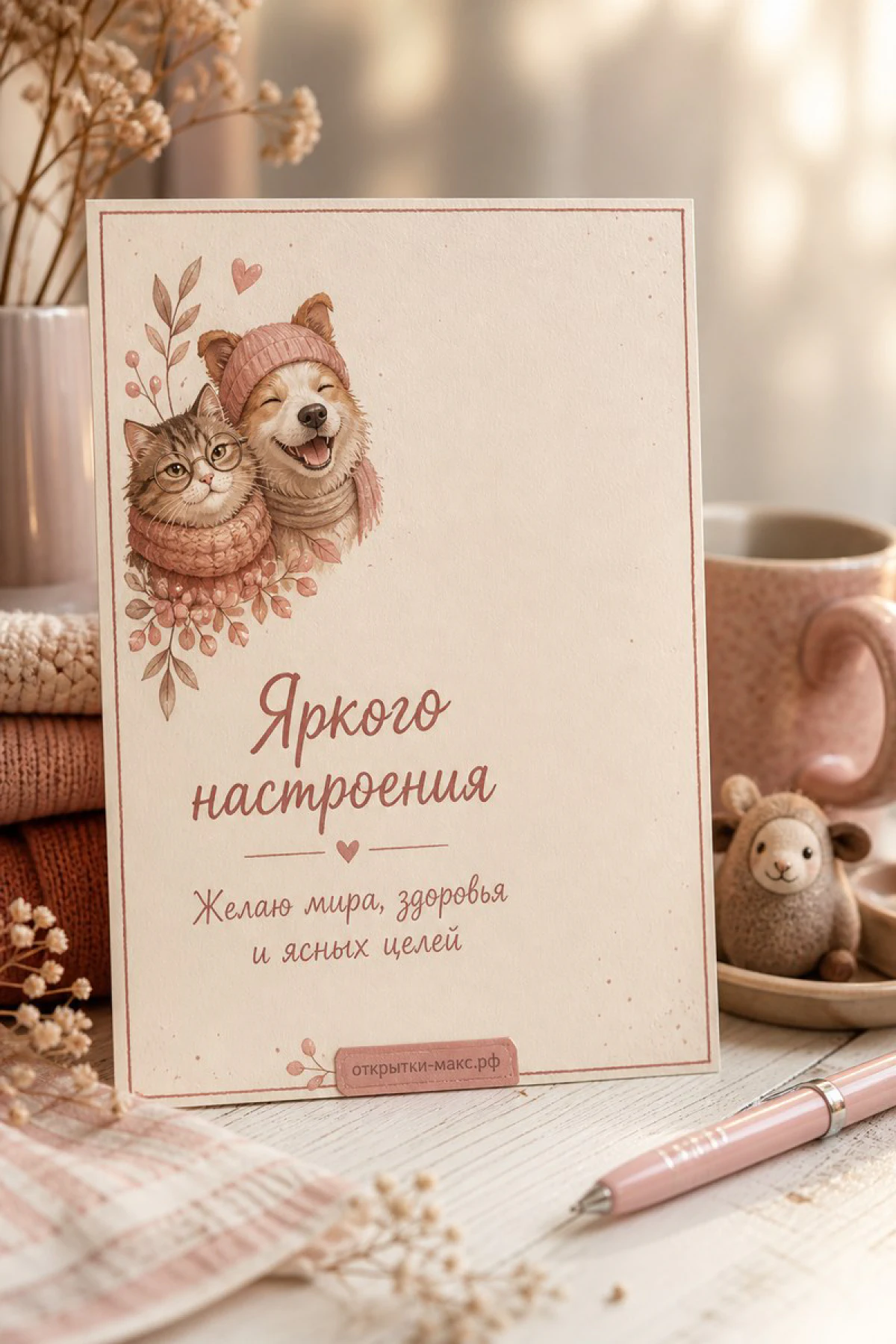 Открытка с иллюстрацией кота и собаки в шапочках и надписью «Яркого настроения»