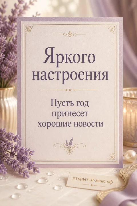 Открытка «Яркого настроения» с пучками лаванды, жемчугом и золотыми подсвечниками