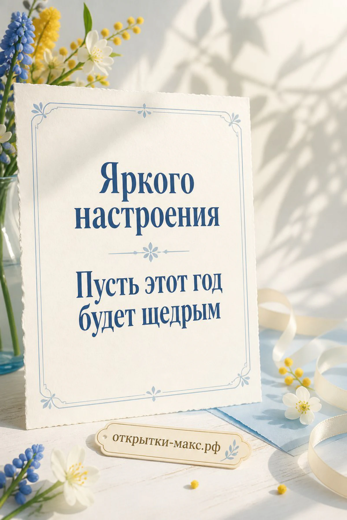 Открытка «Яркого настроения» с жёлтой мимозой, белыми цветами и голубыми мускари на белом фоне