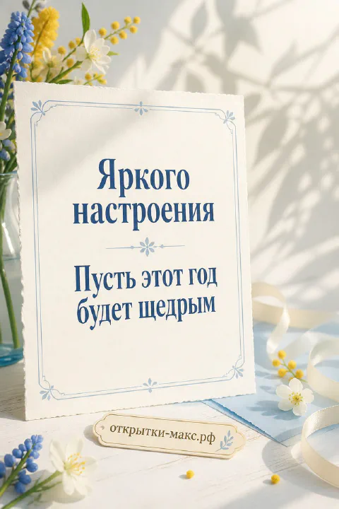 Открытка «Яркого настроения» с жёлтой мимозой, белыми цветами и голубыми мускари на белом фоне
